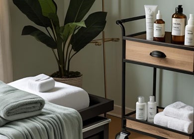 Cozy treatment room at Skintimacy Wellness and Esthetics in Phoenix, Arizona, US with spa essentials.