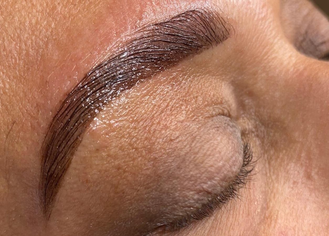 Close-up of expertly shaped eyebrow at Brow and Glow, Bolton, England, GB.