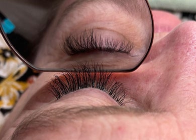 Close-up of eyelash extensions at CLB Lashes in Ramsey, England, GB showcasing detailed lash work.