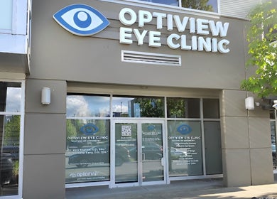 Optiview Skin and Laser Clinic entrance at Surrey, British Columbia, CA, showcasing a sleek modern facade.