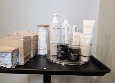 A display of Alumier skincare products at Optiview Skin and Laser Clinic, Surrey, British Columbia, CA.