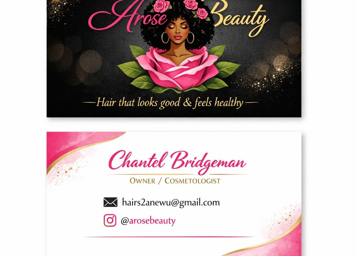 Business card for Arose Beauty Salon & Supply in Bridgetown, Saint Michael, BB with owner Chantel Bridgeman.