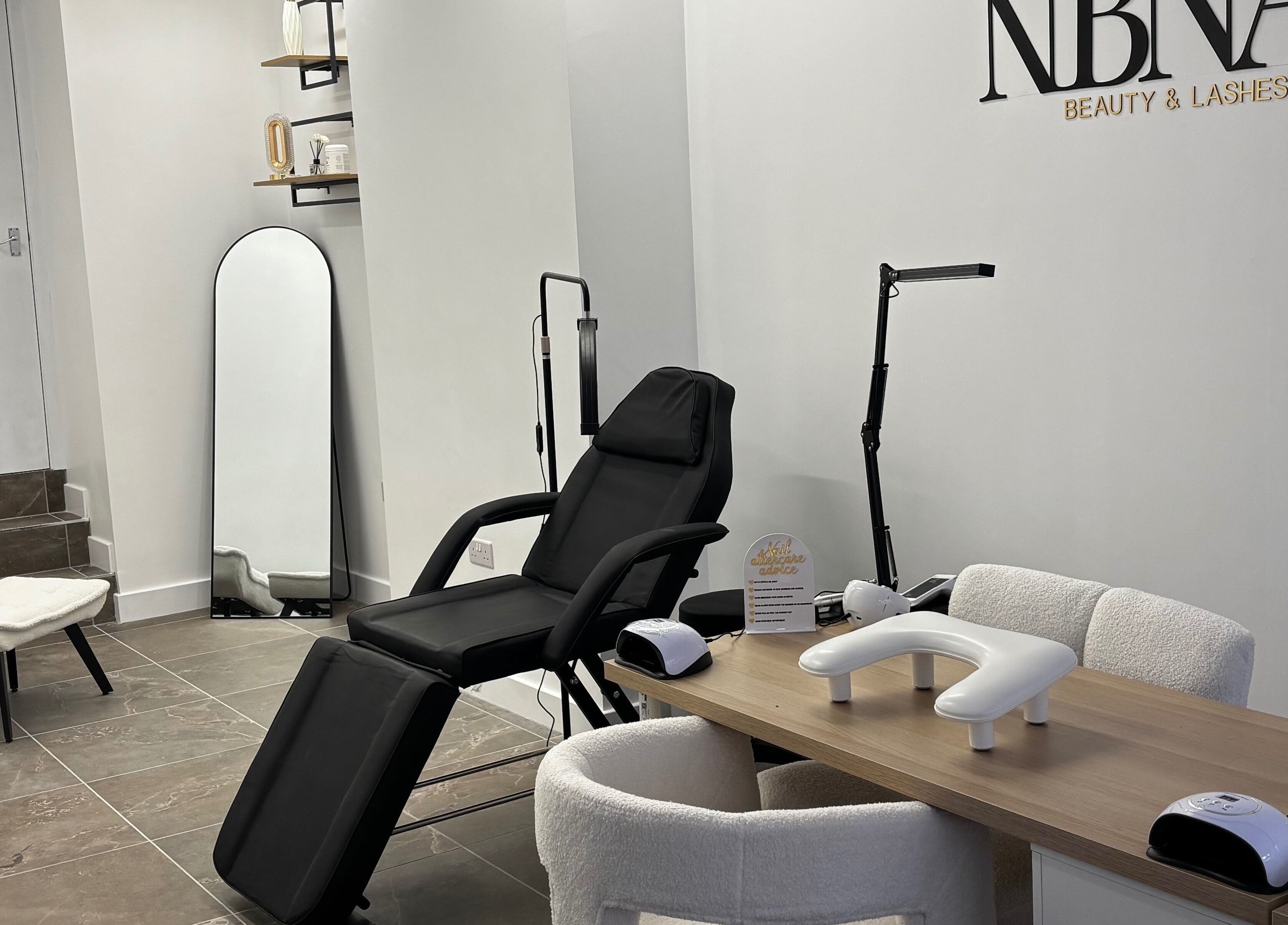 Chic interior of Nbnailz in Maryport, England, GB with modern nail and lash equipment.