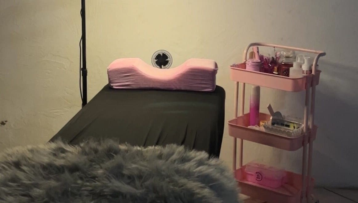 Lash treatment area at Whimsical Lashes, Alberton, Gauteng, ZA with comfy bed and pink trolley.