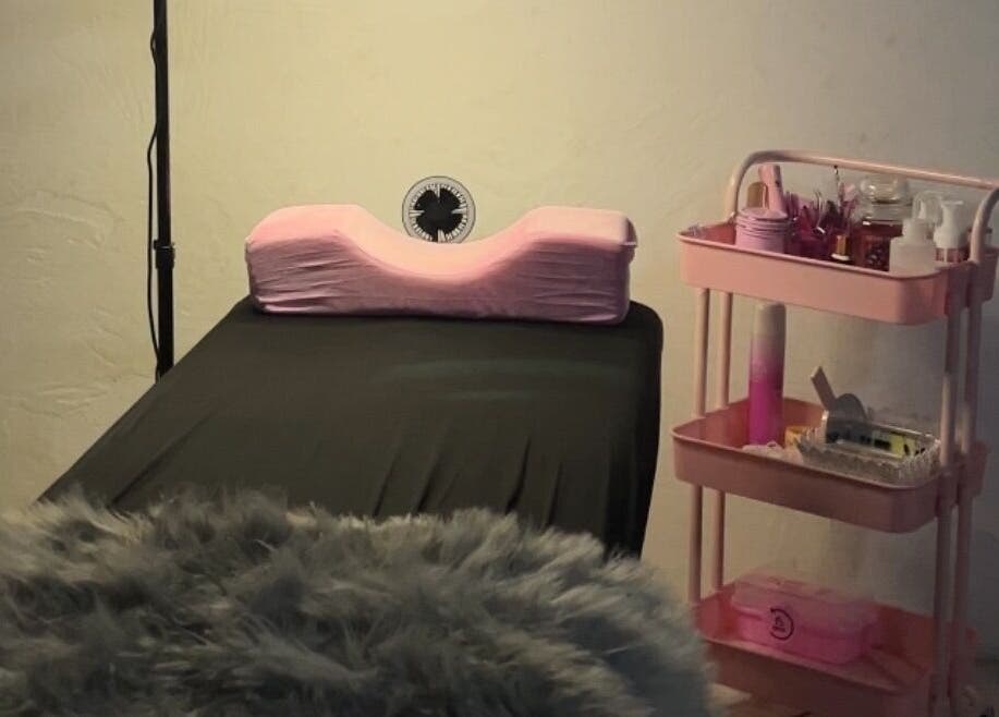 Lash treatment area at Whimsical Lashes, Alberton, Gauteng, ZA with comfy bed and pink trolley.