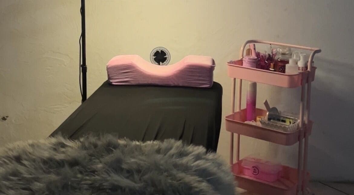 Lash treatment area at Whimsical Lashes, Alberton, Gauteng, ZA with comfy bed and pink trolley.