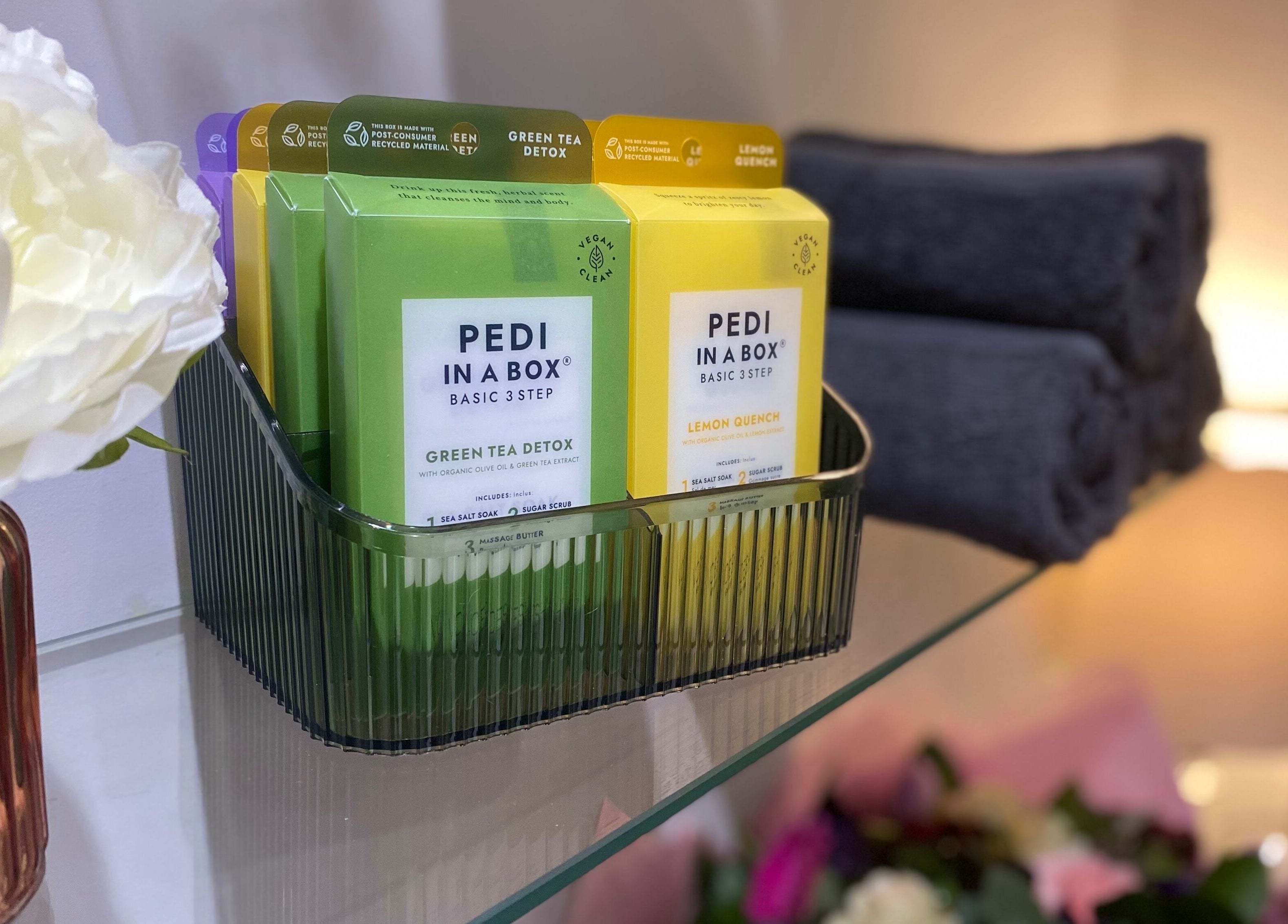 Pedi kits and towels at Nails and More at No.4, Ross-on-Wye, England, GB. Premium wellness products on display.
