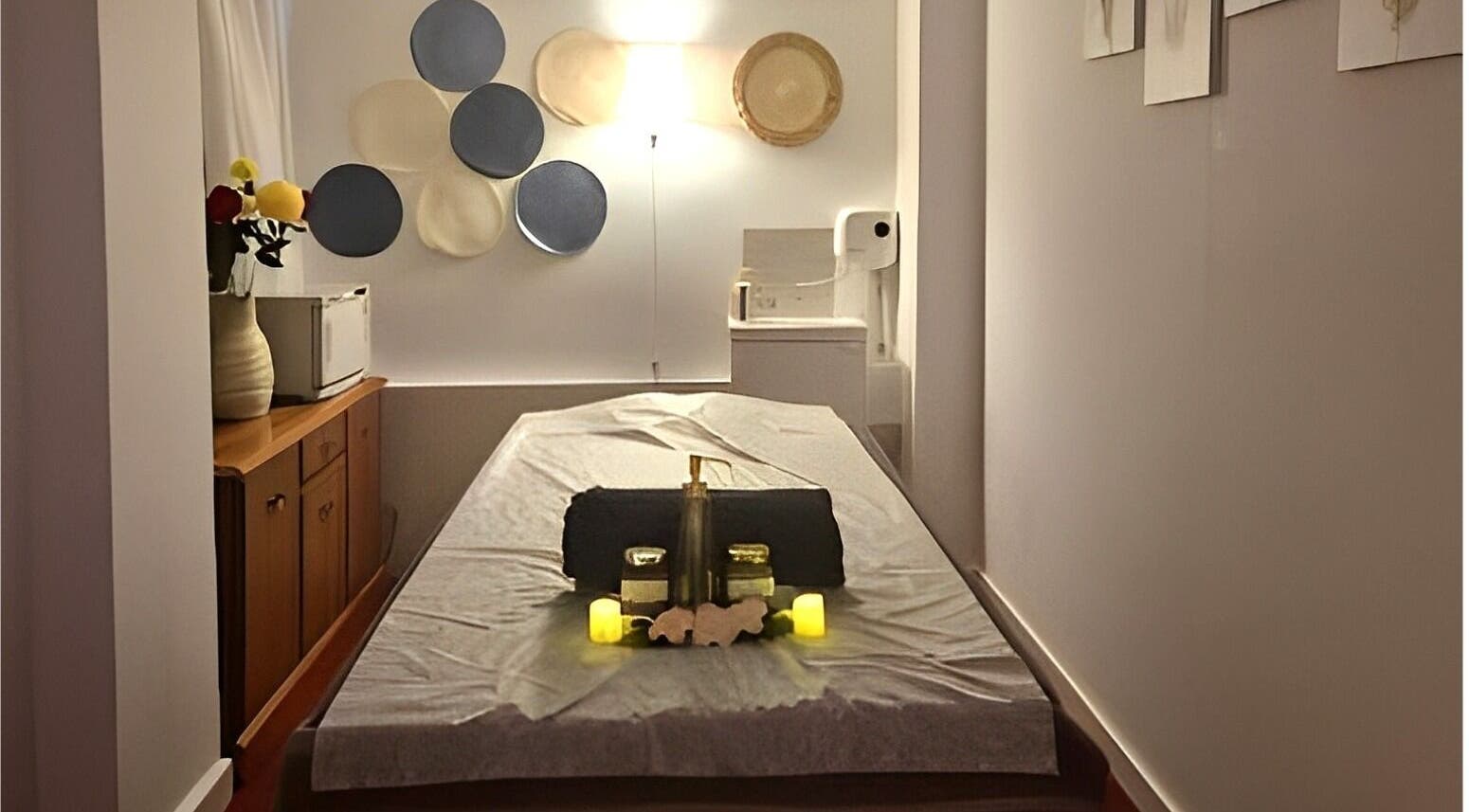 Relaxing massage room at Shewa Thai massage & Spa, Stoke-on-Trent, England, GB, featuring calming decor.