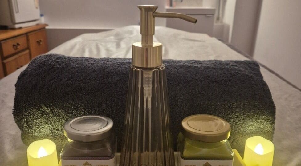 Relaxing massage setup at Shewa Thai Massage & Spa, Stoke-on-Trent, England, GB with candles and oils.