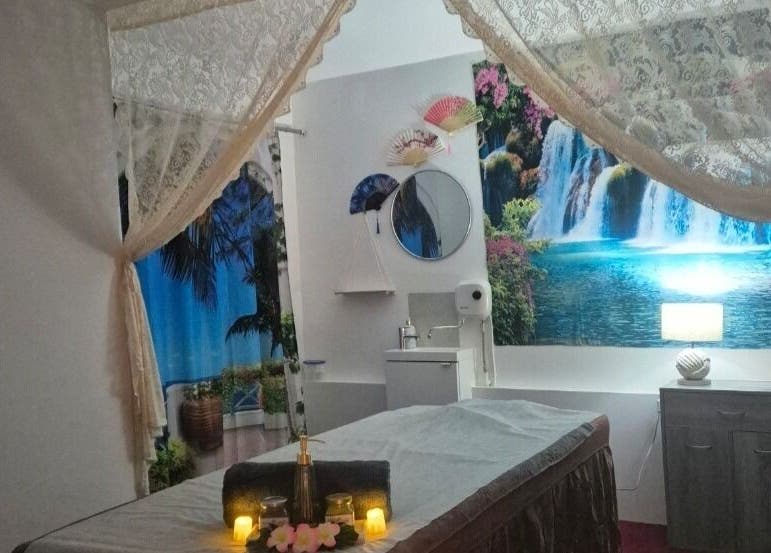 Relaxing massage room at Shewa Thai Massage & Spa, Stoke-on-Trent, England, GB with serene decor.