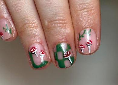 Elegant mushroom nail art by Gels by Eleanor, located in Glasgow, Scotland, GB. Perfect for trendy designs.