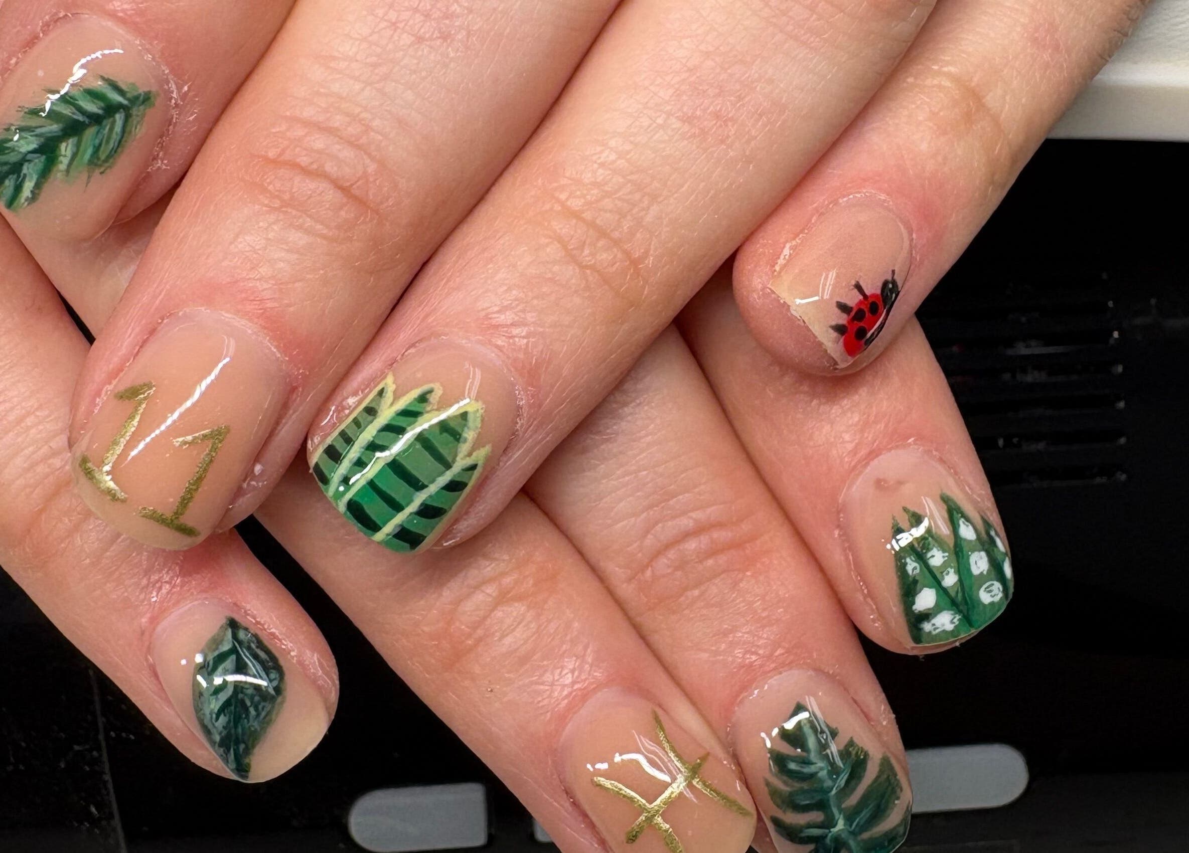 Intricate leaf and ladybug nail art by Gels by Eleanor, Glasgow, Scotland, GB.