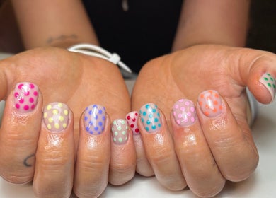 Colorful polka dot nails designed at Gels by Eleanor, Glasgow, Scotland, GB.