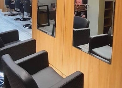 View of modern styling chairs at Hair Republic Barber Salon and Spa, Santa Rosa, Calabarzon, PH.