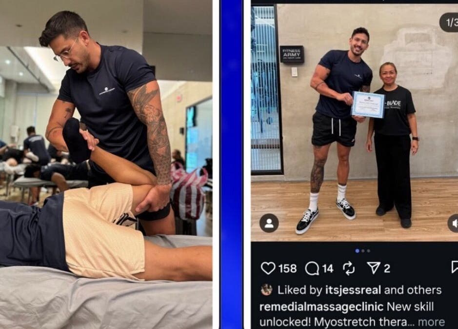 Therapist assists client at Remedial Massage Clinic, BGC, PH, showcasing massage technique and achievement certificate.