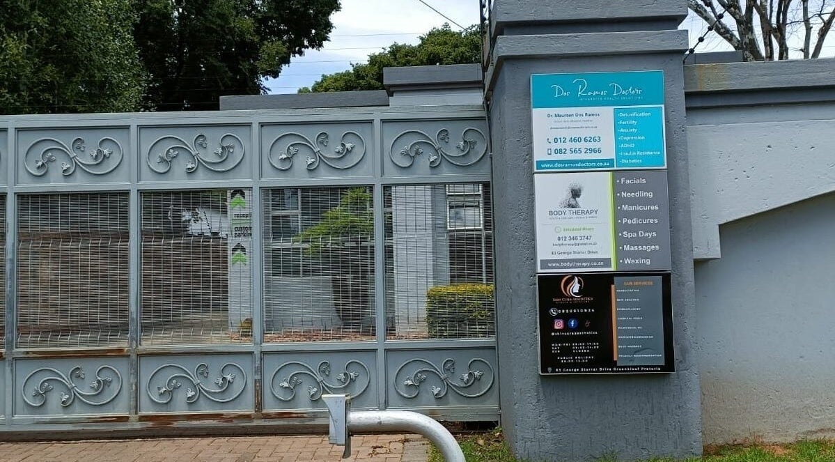 Entrance gate with signage of Skin Cura Aesthetics - Pretoria, faerie Glen old farm road, in Pretoria, Gauteng, ZA.