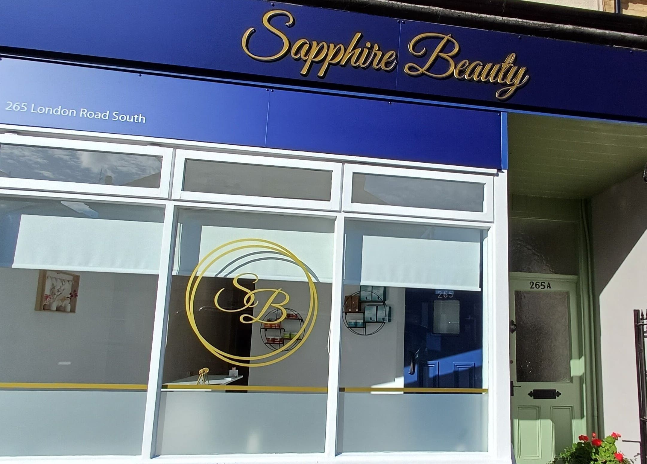 Sapphire Beauty exterior in Lowestoft, England, GB with elegant signage and window display.