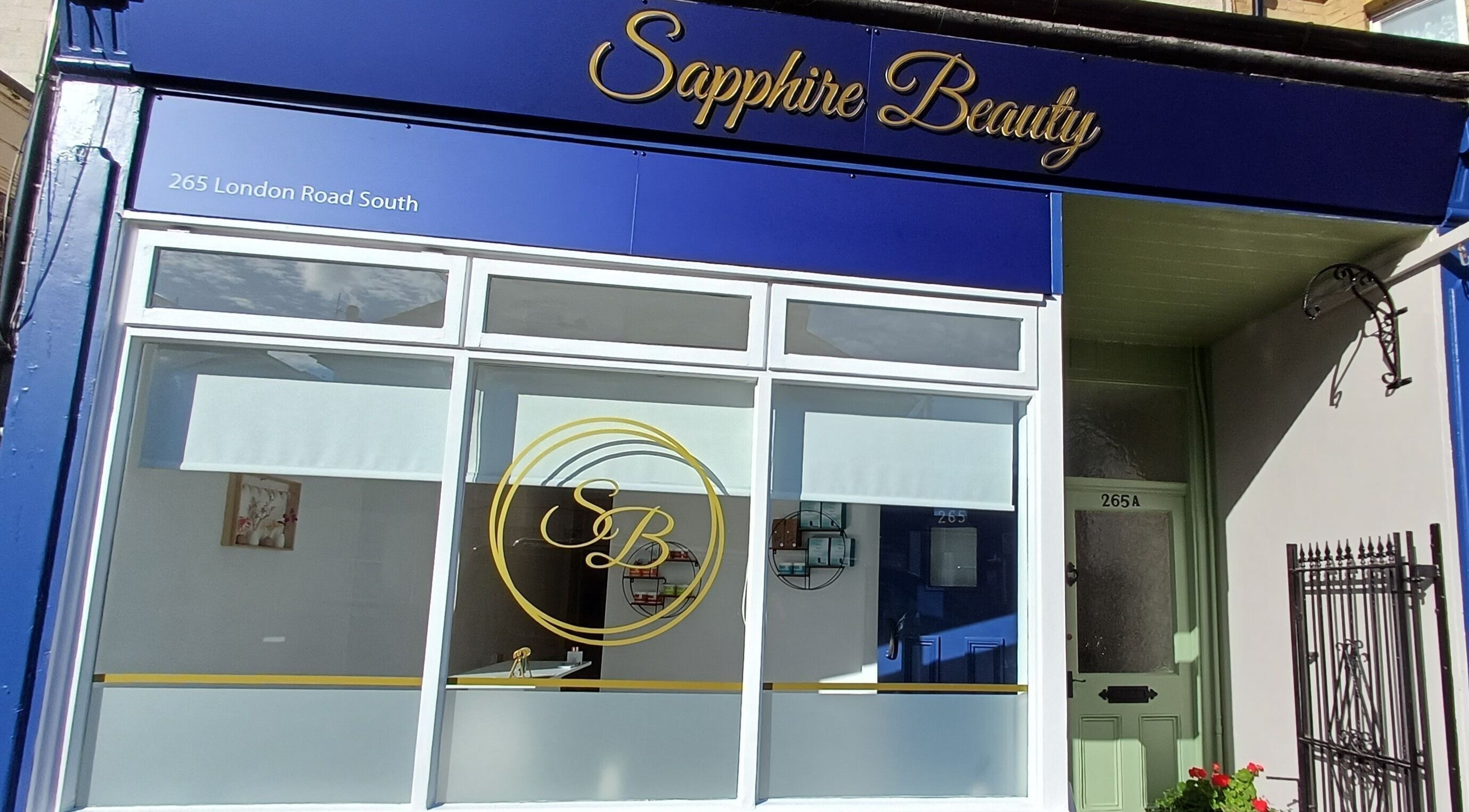 Exterior of Sapphire Beauty at 265 London Road South, Lowestoft, England, GB, showcasing its vibrant storefront.
