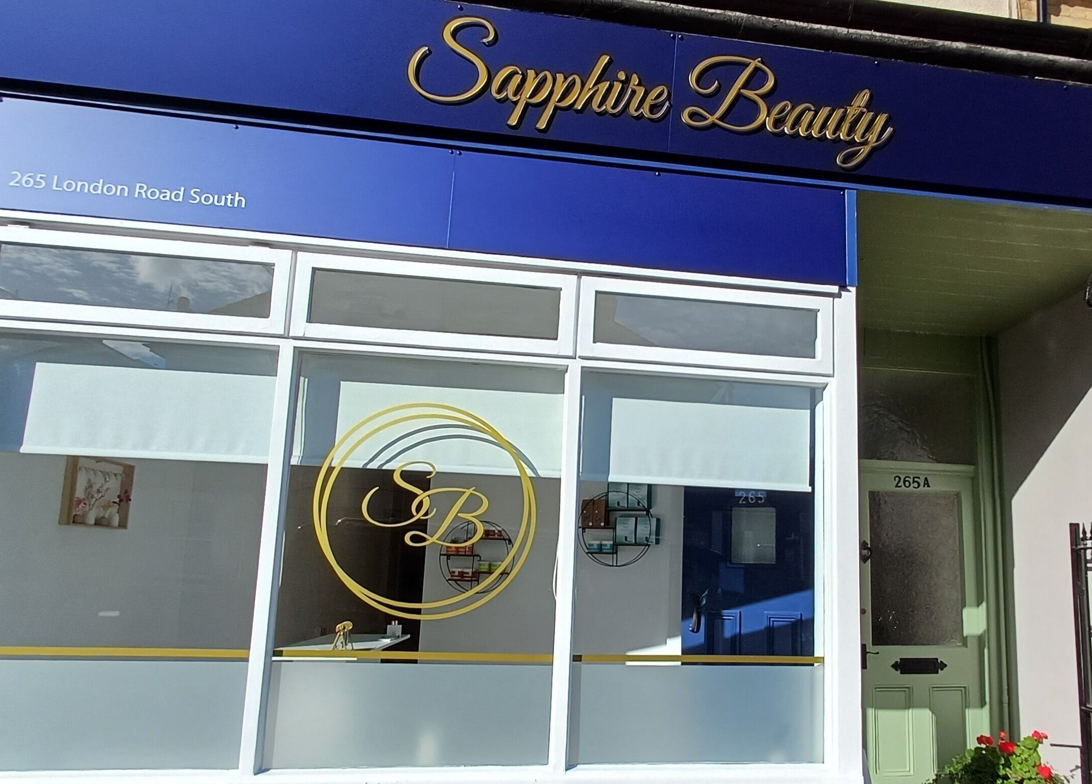 Front of Sapphire Beauty in Lowestoft, England, showcasing elegant signage and location on London Road South.