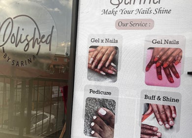 Nail services at Polished by Sarina, Sandton, Gauteng, ZA; showcasing gel nails, pedicure, and buff & shine.