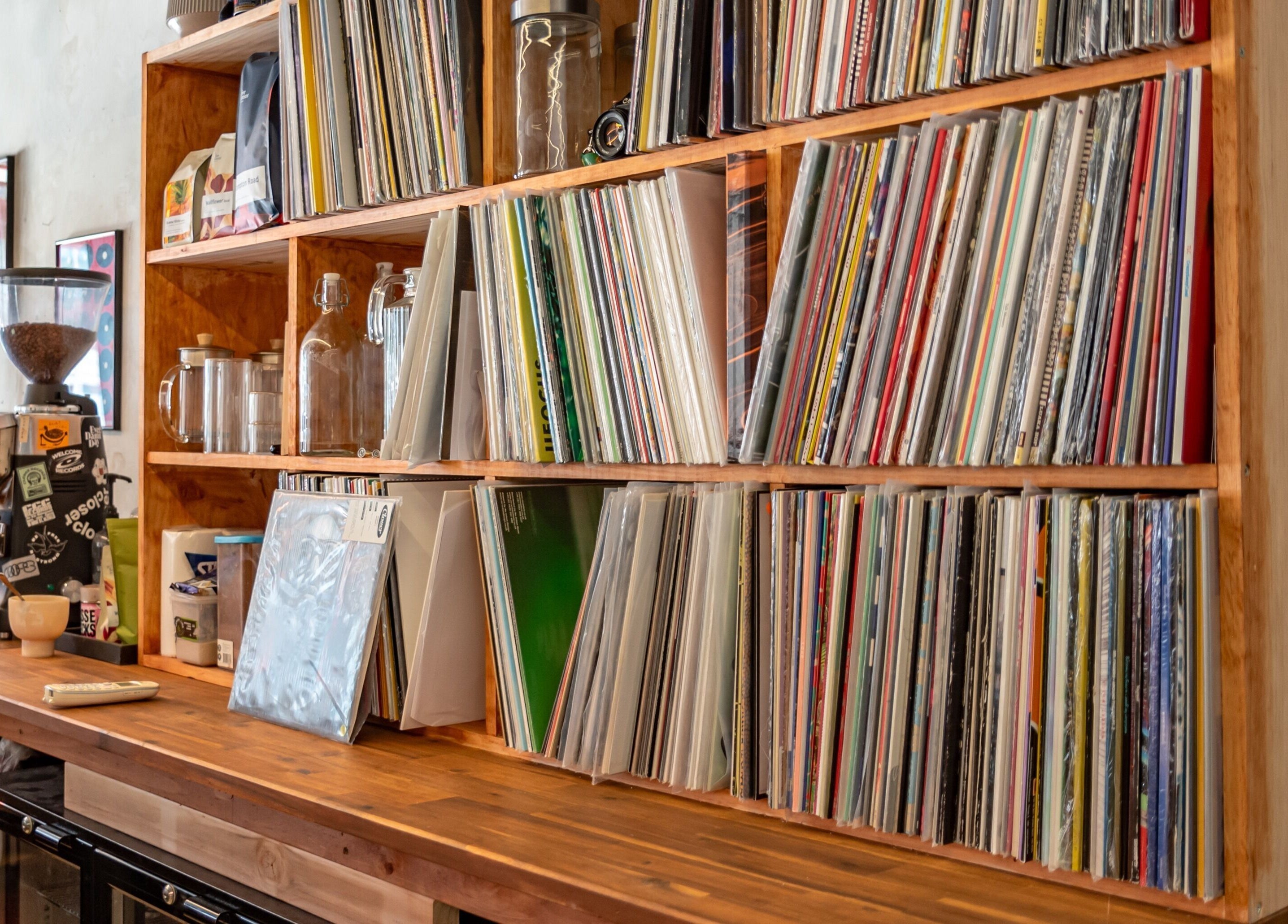 Vinyl records displayed at The Royal Moody, Glenelg, South Australia, AU, creating a retro ambiance.