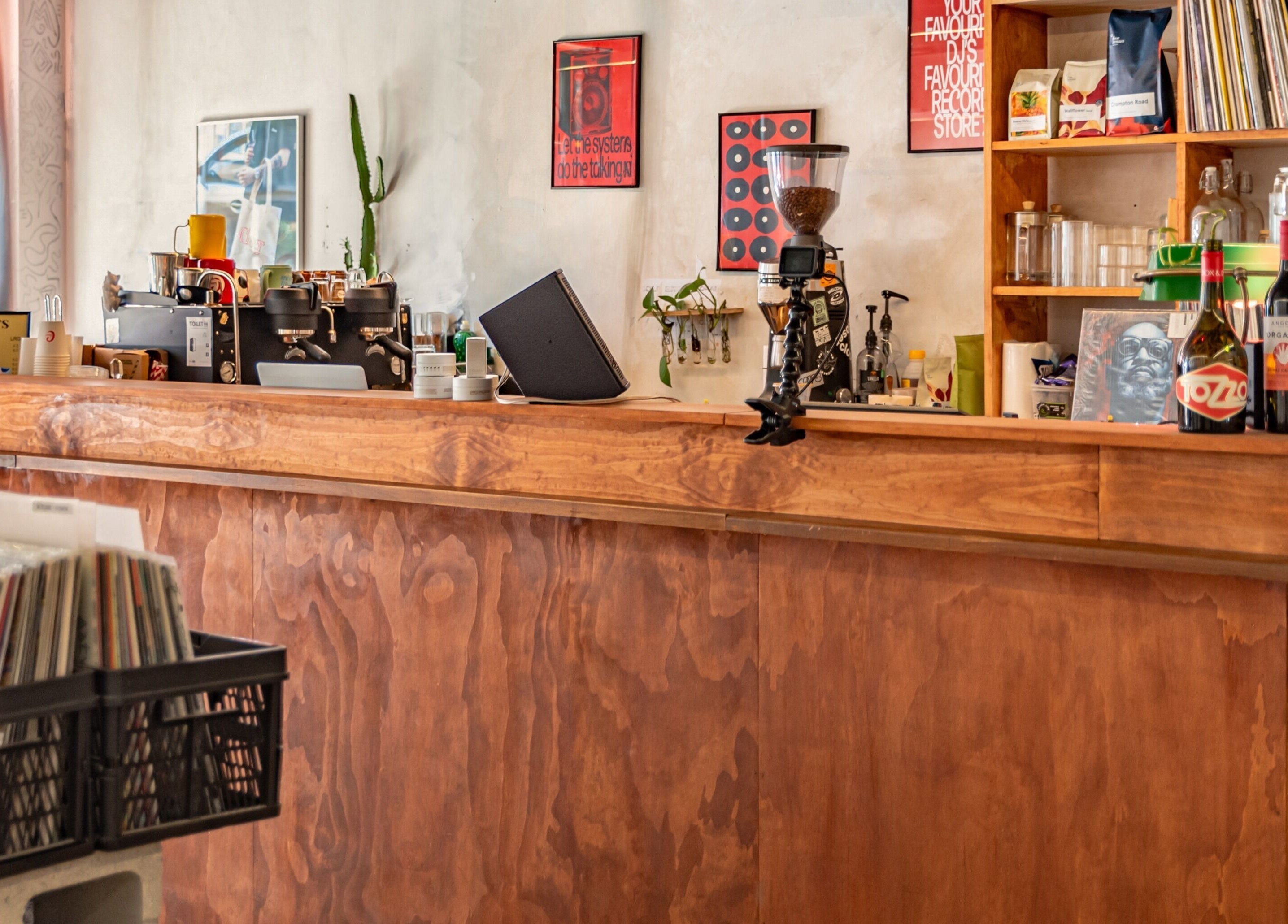 The Royal Moody's charming wooden counter at Glenelg, South Australia, AU with a cozy, vintage vibe.