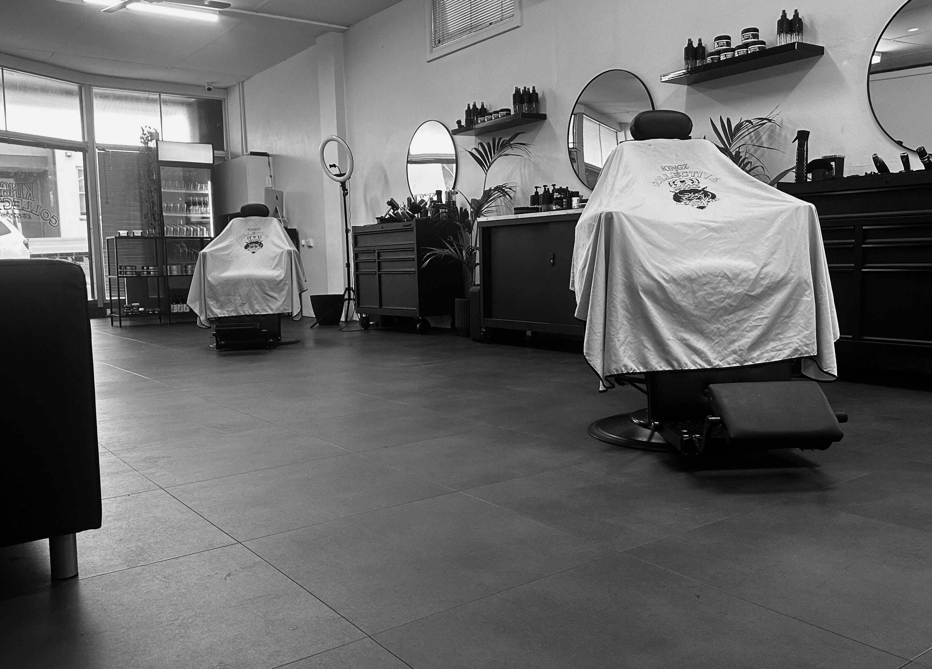 Modern barber chairs at Kingz Collective in Manjimup, Western Australia, AU, showcasing sleek interior design.