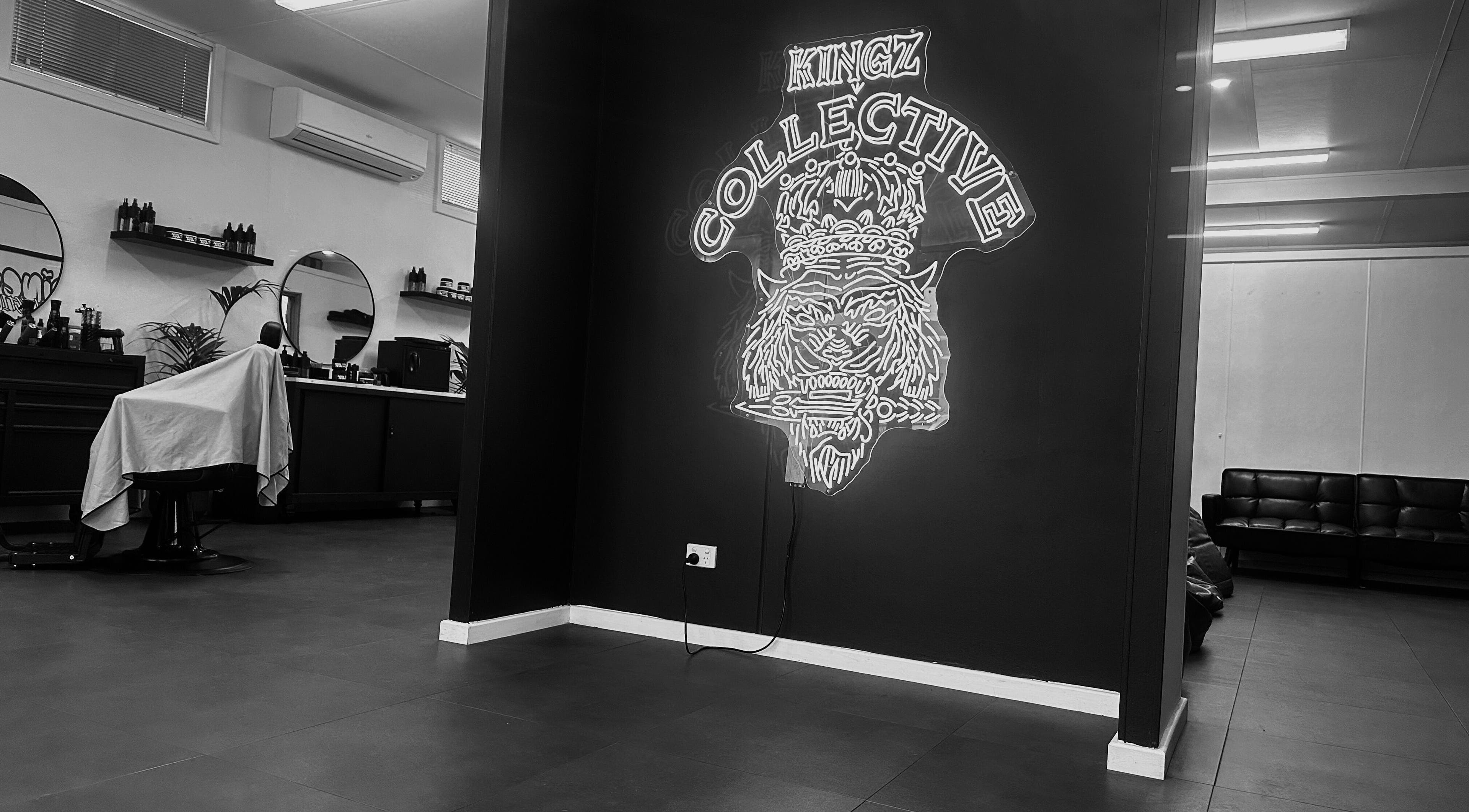 Interior of Kingz Collective in Manjimup, Western Australia, AU with a stylish neon tiger mural on the wall.
