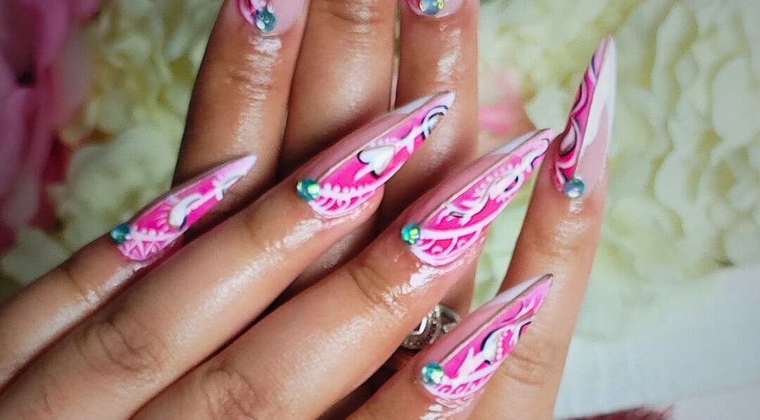 Intricate pink nail art design at Polished Perfection by Marilyn, Cape Town, Western Cape, ZA.