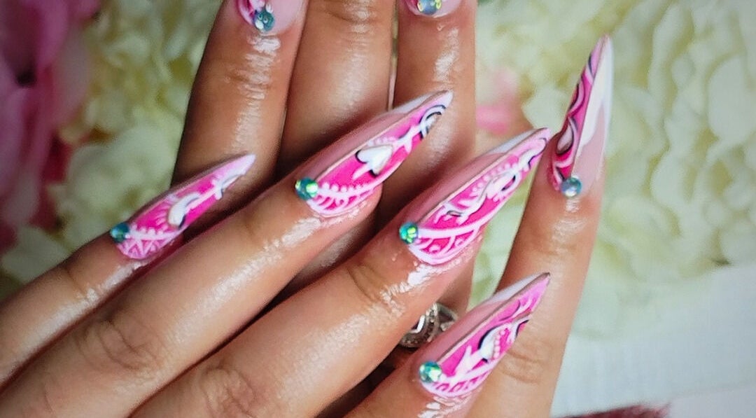Intricate pink nail art design at Polished Perfection by Marilyn, Cape Town, Western Cape, ZA.