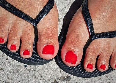 Vibrant red pedicure at Polished Perfection by Marilyn, Cape Town, Western Cape, ZA.