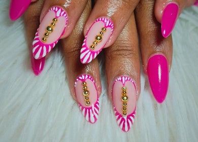 Vibrant pink and white nail art with gold beads at Polished Perfection by Marilyn, Cape Town, Western Cape, ZA.