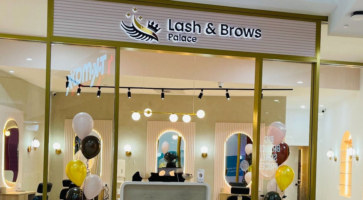 Front view of Lash & Brows Palace in Clarkson, Western Australia, with elegant lighting and balloons.