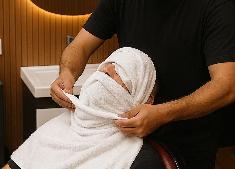 Therapist applies warm towel to client at Tapperdon Barbershop in Rosebery, New South Wales, AU.