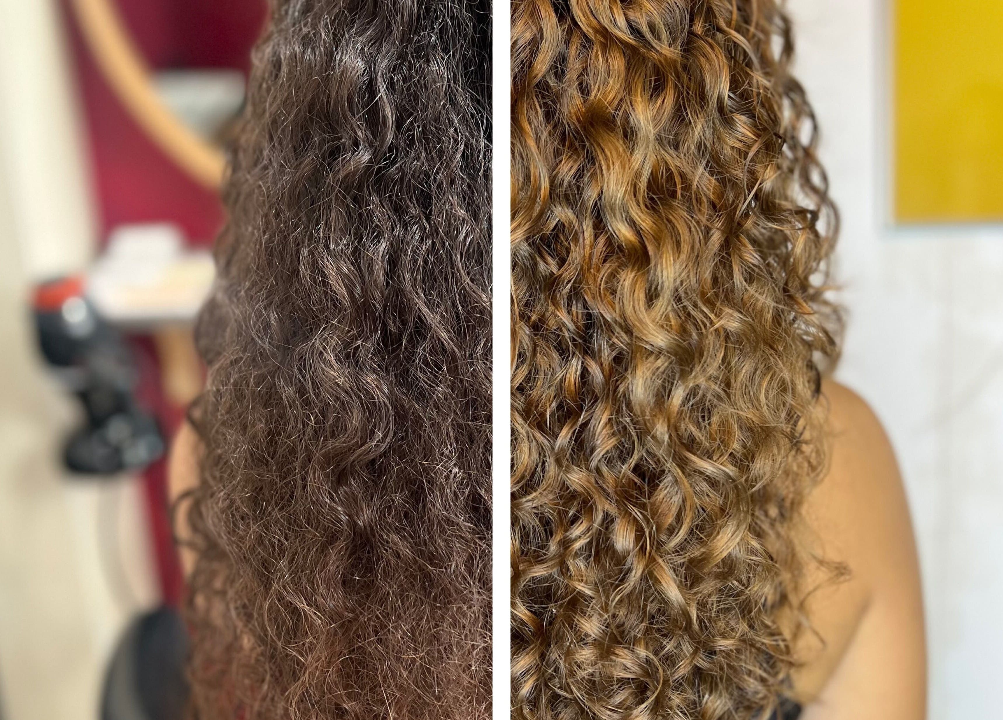 Transformation capillaire avant et après au salon Nothing’s Permanent, Montpellier, Occitanie, FR.