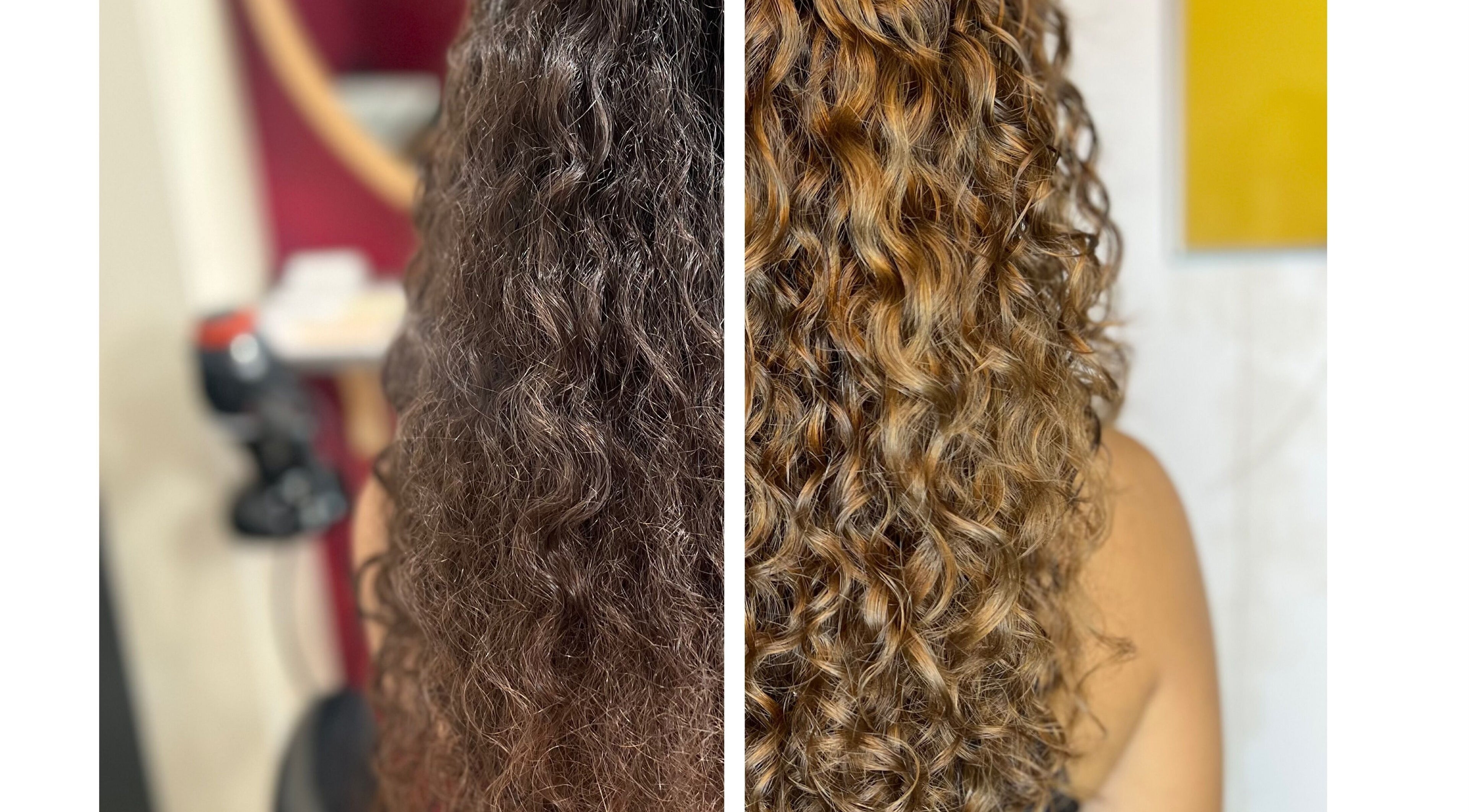 Transformation capillaire avant et après au salon Nothing’s Permanent, Montpellier, Occitanie, FR.