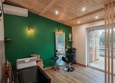Intérieur lumineux de La Pose Végétale - Saint-Just-Malmont avec un mur vert, meubles en bois. Saint-just-malmont, Auvergne-rhône-alpes, FR.