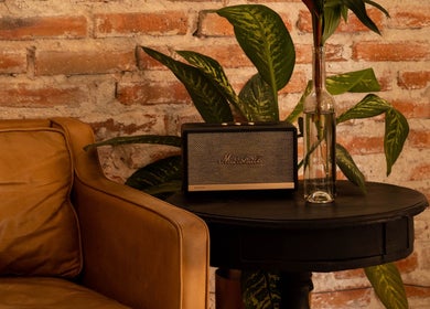 Stylish corner with leather sofa and speaker at VILLANO SAN MIGUEL, San Miguel De Allende, Guanajuato, MX.