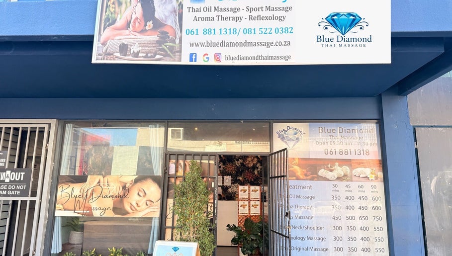 Entrance of Blue Diamond Thai Massage, Cape Town, offering a serene ambiance for relaxation and wellness.