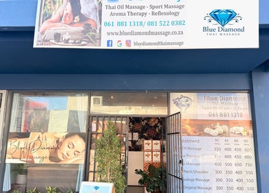 Entrance of Blue Diamond Thai Massage, Cape Town, offering a serene ambiance for relaxation and wellness.