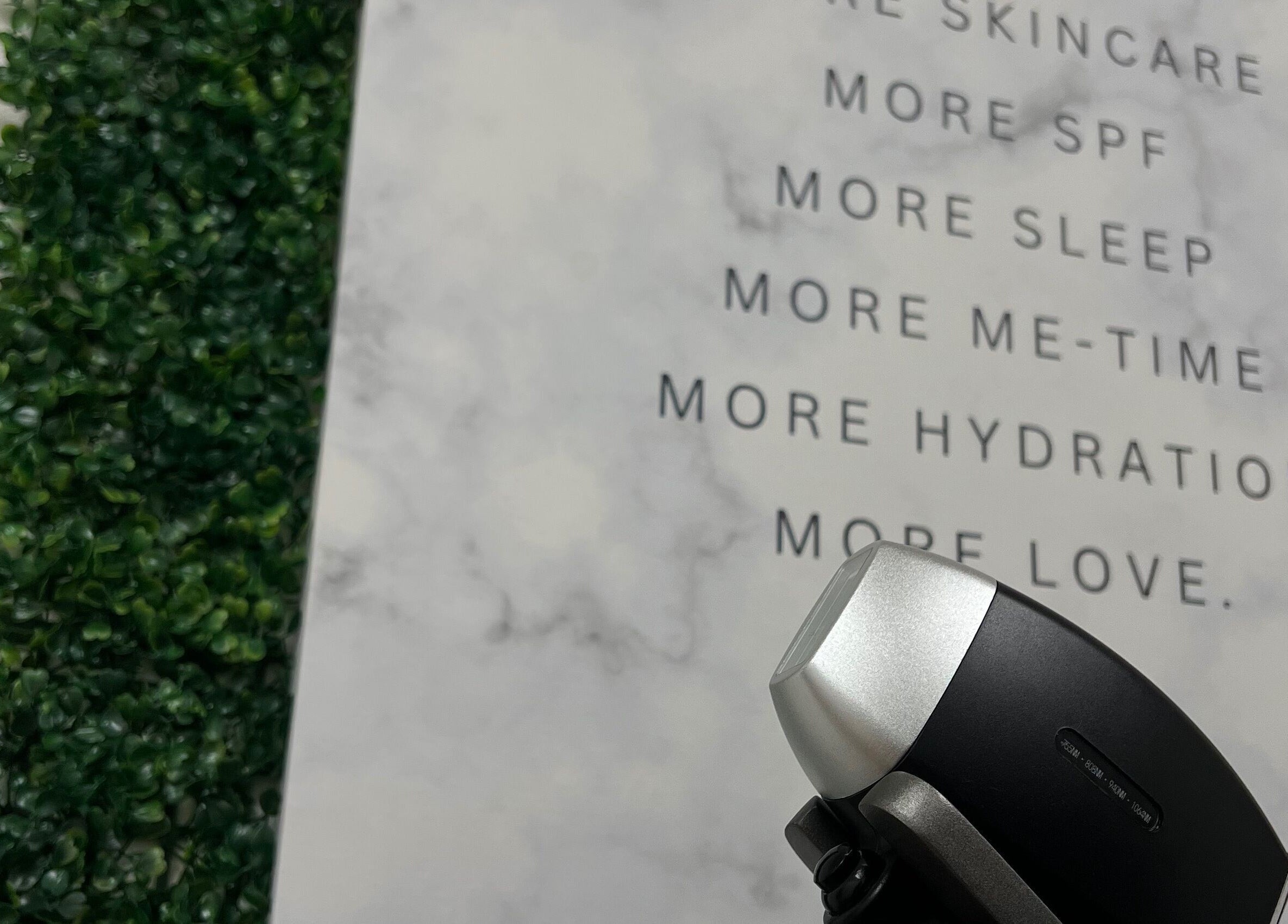 Greenery and inspiring wall decor at Illuminate Aesthetics Lounge, Toronto, Ontario, CA.