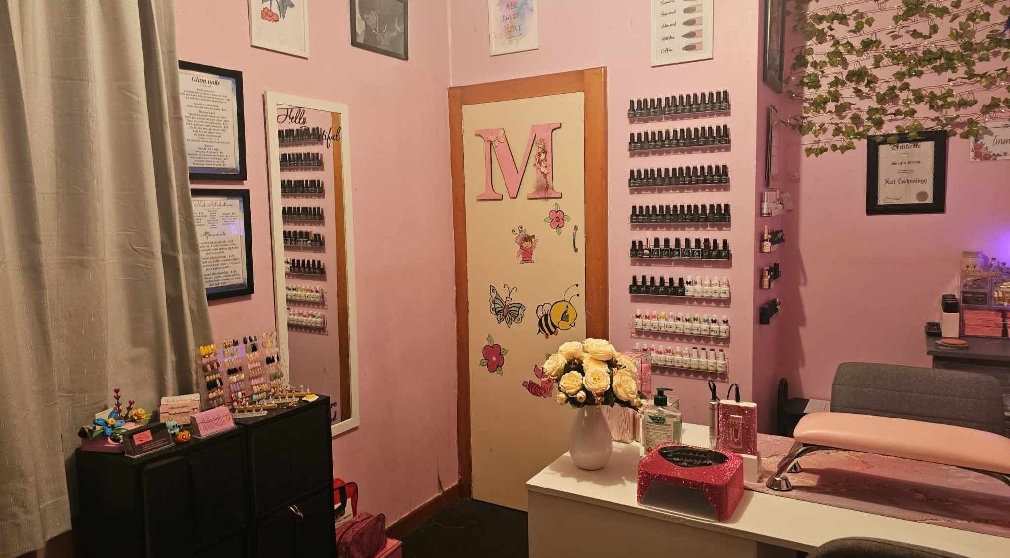 Elegant interior of Glam Nails by Immie in Invercargill, Southland, NZ with vibrant decor and polish display.