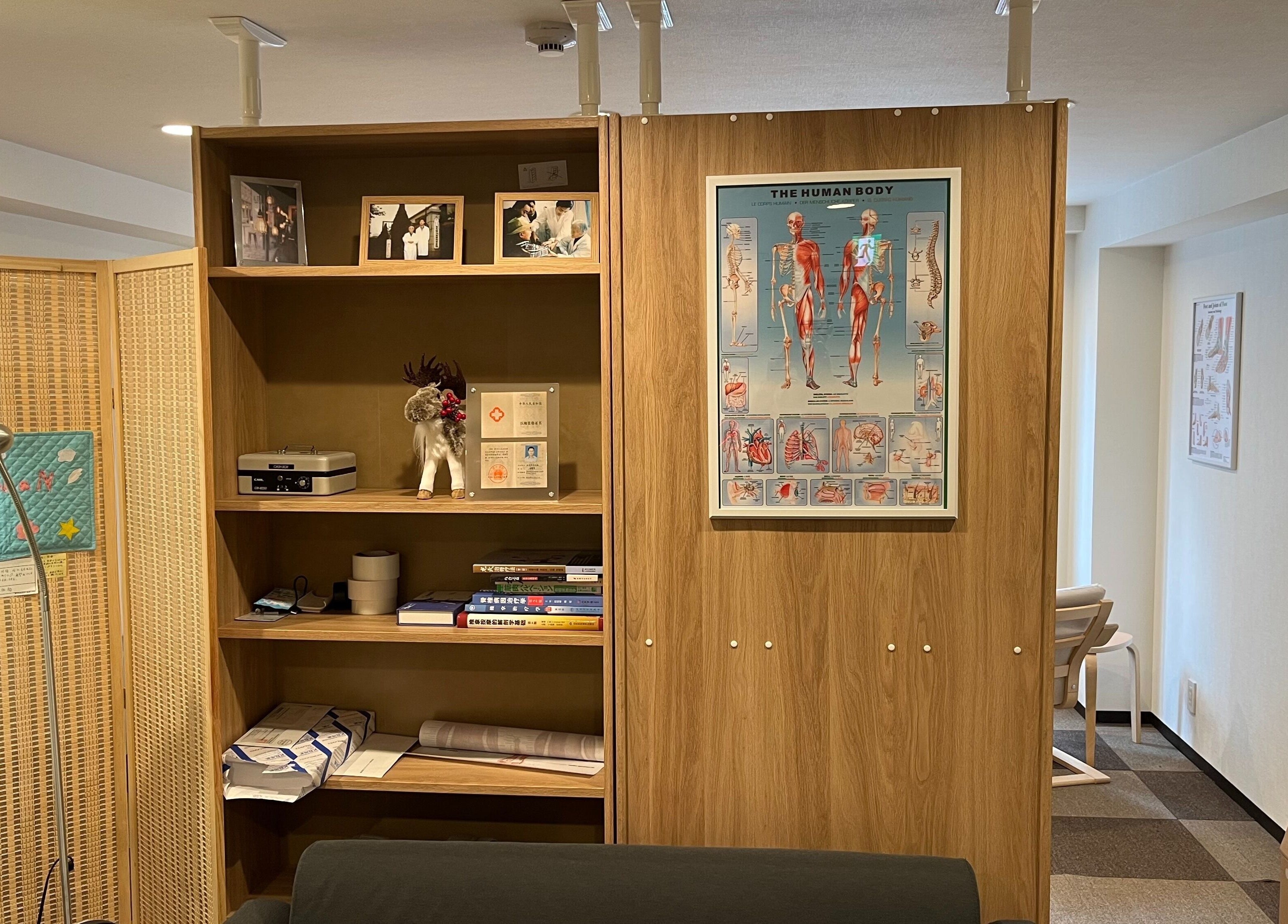 新一整体院一角，位于东京丰岛区，展示详细的人体解剖图和舒适的室内环境。