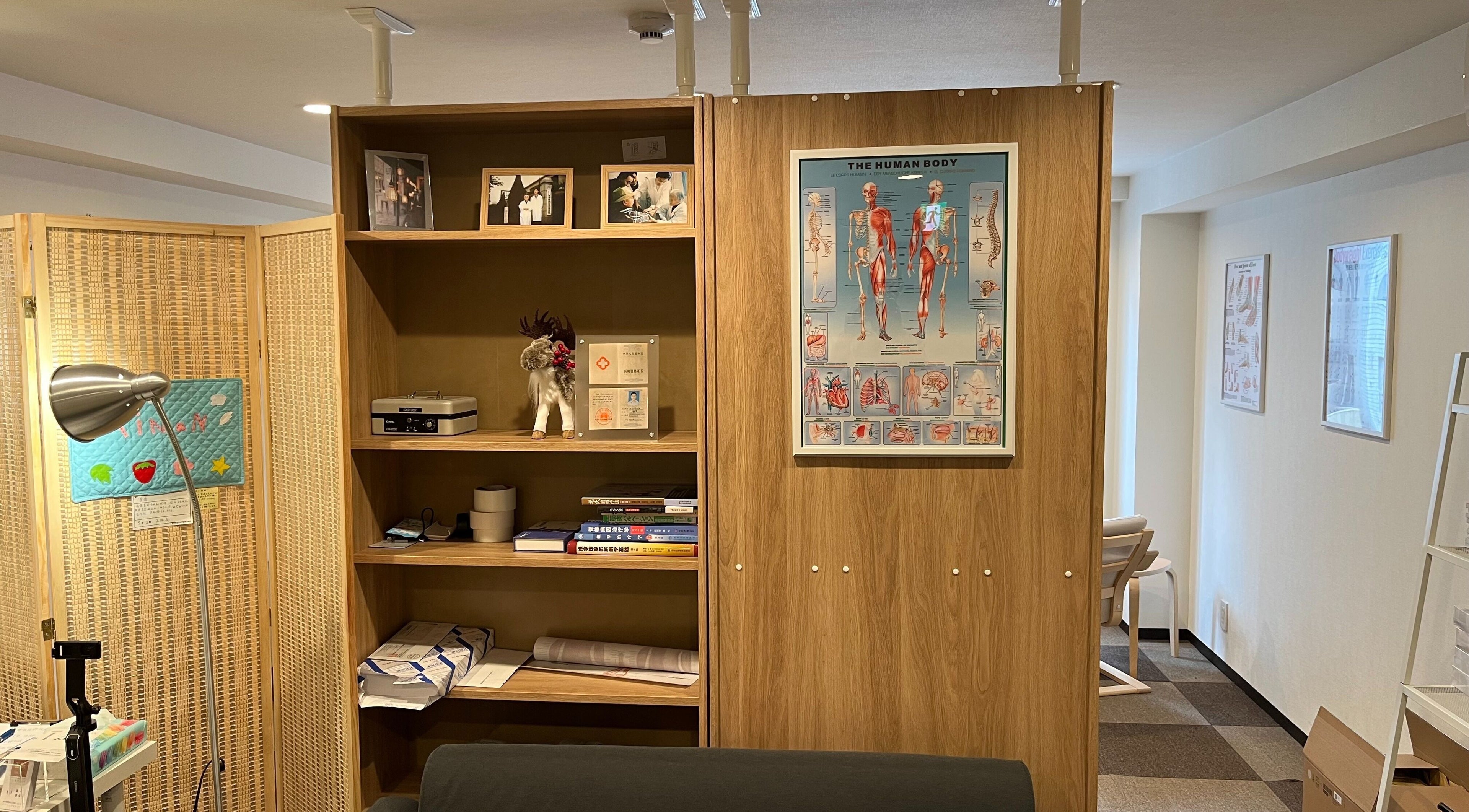新一整体院一角，位于东京丰岛区，展示详细的人体解剖图和舒适的室内环境。