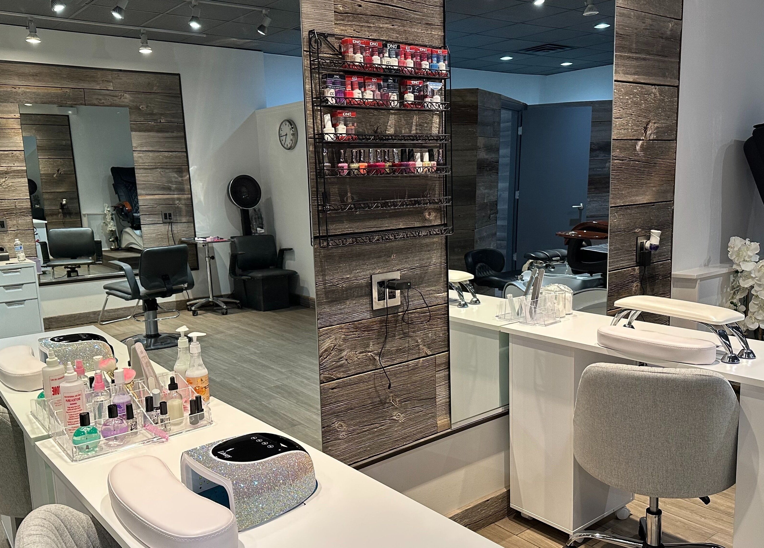 Chic manicure station at Eda Salon&Spa in Chicago, Illinois, US showcasing a modern, spacious beauty setting.