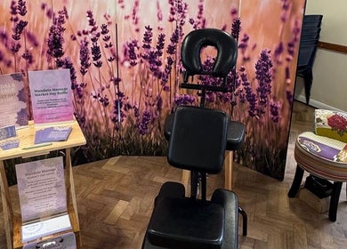 Mandala Massage setup with lavender backdrop in Berkhamsted, England, GB, perfect for relaxation.