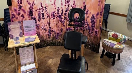 Mandala Massage setup with lavender backdrop in Berkhamsted, England, GB, perfect for relaxation.