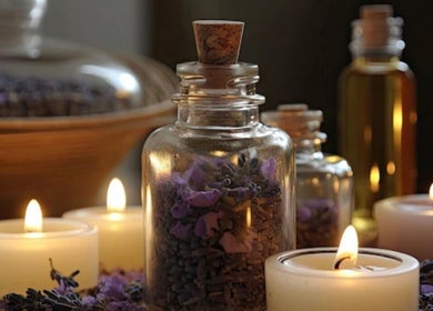 Tranquil candle-lit setup at Mandala Massage, Berkhamsted, England, GB with lavender and essential oils.