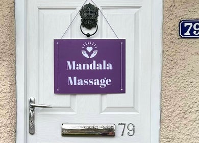 Entrance with Mandala Massage sign at 79 Berkhamsted, England, GB.