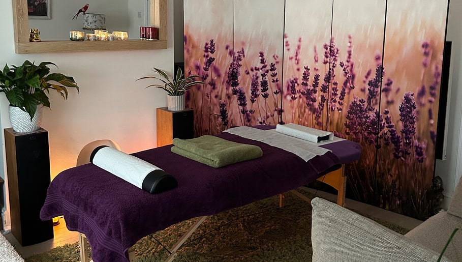 Relaxing lavender-themed massage room at Mandala Massage, Berkhamsted, England, GB.